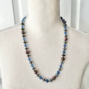 Vintage Unmarked Blue Glass Plastic Round Beads Painted Rose Floral Necklace 25"